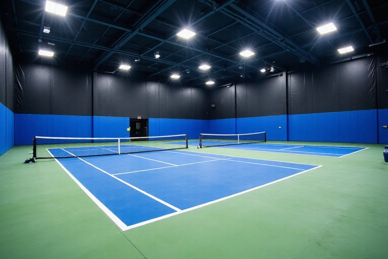 Indoor tennis courts with excellent lighting and ample space for play.