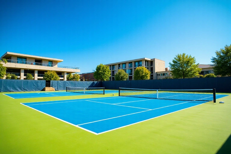 Vibrant tennis courts under sunny skies with modern architecture in the background.