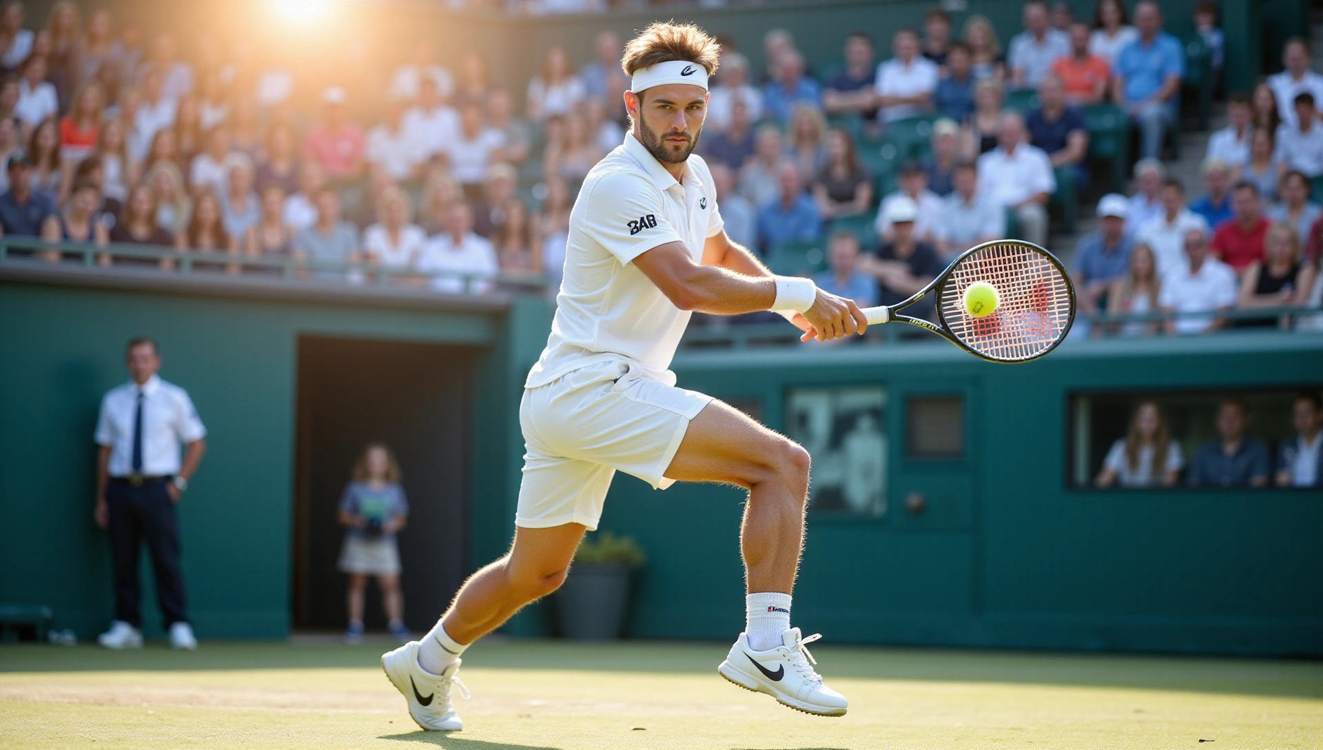 Dynamic tennis action on a professional court with vibrant colors and a wide shot