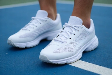 Close-up of tennis shoes on a court