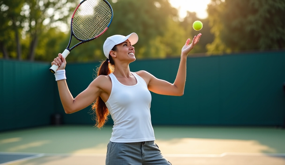 Tennis player serving during a match