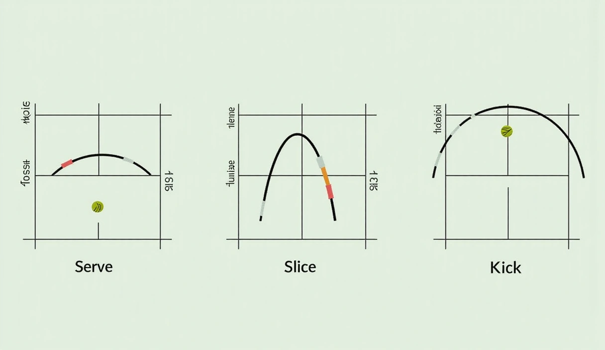 Tennis ball trajectories for flat, slice, and kick serves