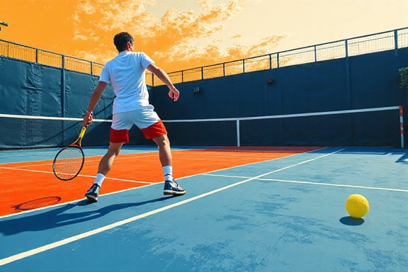 Abstract tennis court with dynamic lines and a blurred player silhouette