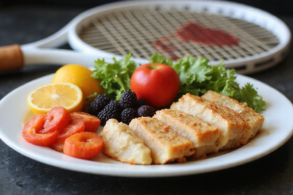 Balanced meal for an athlete with tennis racket in background