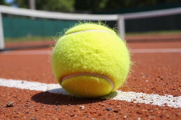Dynamic tennis ball in motion over a net on a stylized court