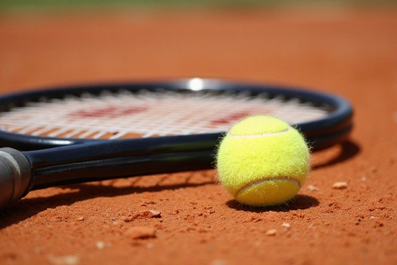 Close-up of a tennis racket and ball on a clay court, ready for play.