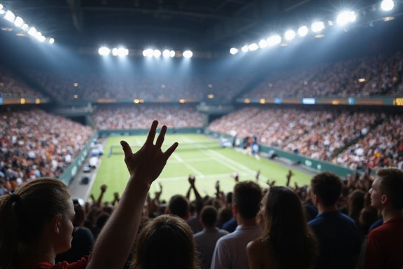 Crowd cheering enthusiastically at a tennis stadium, blurred background.