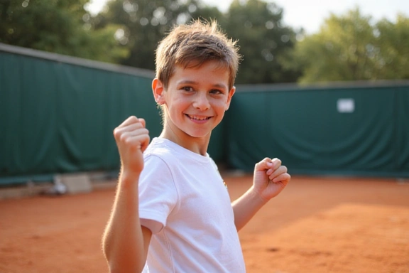 Junior tennis player celebrating a point with a fist pump, joyful expression.