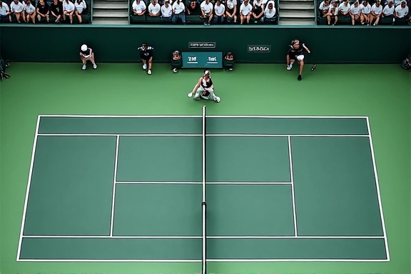 Overhead view of a tennis court during a match, showing strategic positioning.