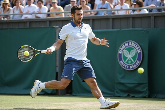 Player in mid-air smash during a tennis match, intense focus.