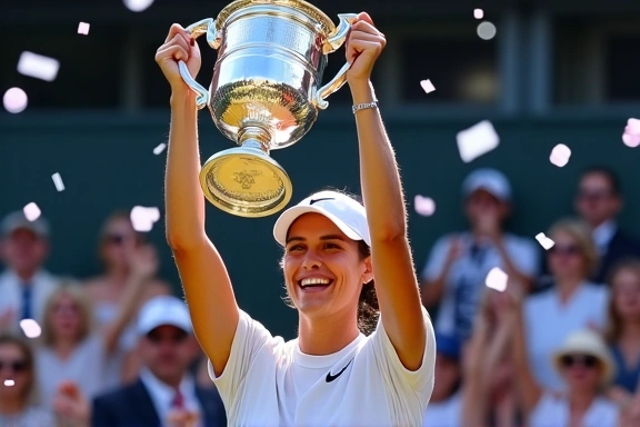 Professional tennis trophy being lifted by a victorious player, confetti falling.
