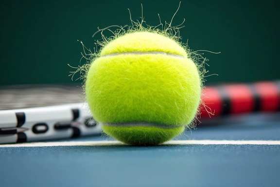 Tennis ball hitting a racket with impact, showing motion blur and power.