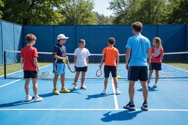 Group of junior tennis players practicing with a coach