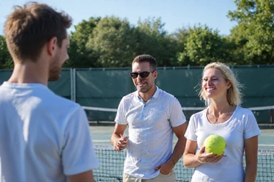 Group of adults enjoying a tennis clinic