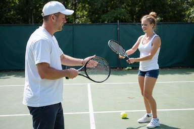 Two beginners learning tennis on a court with a coach